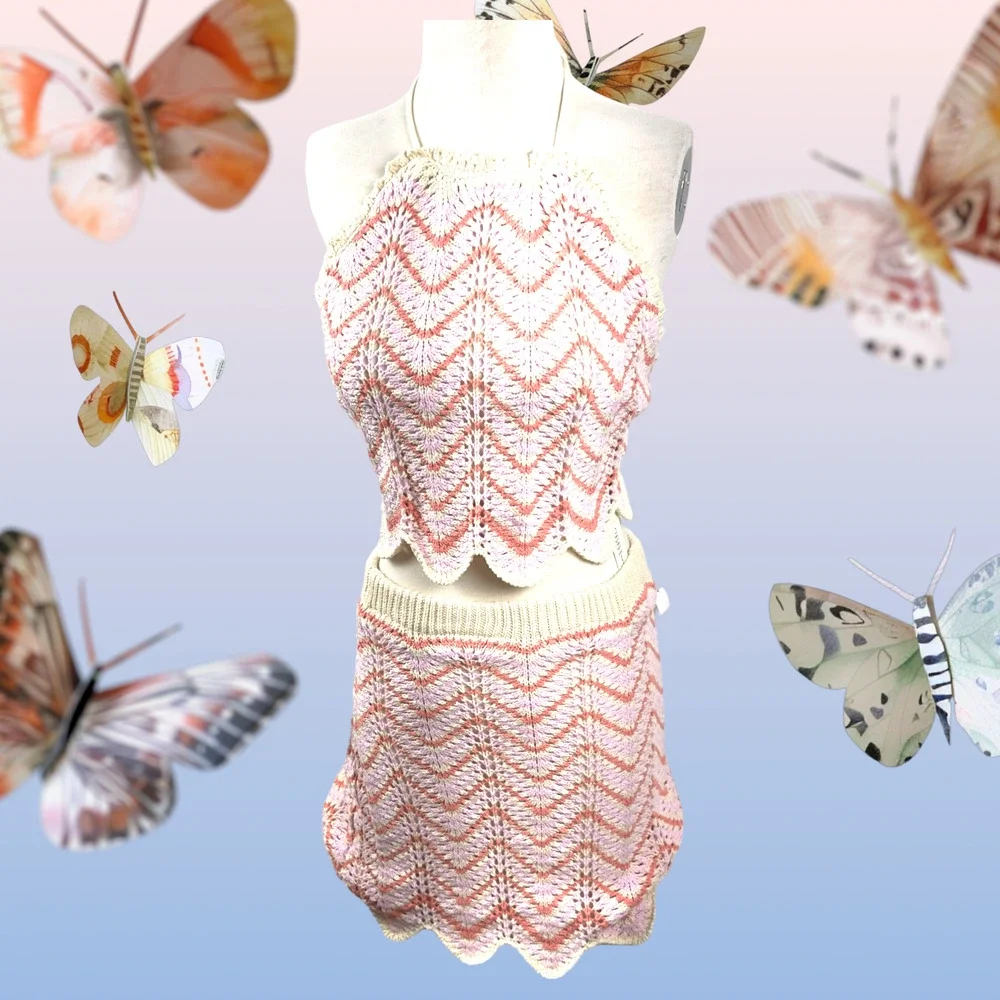 Women’s Crochet 2 Piece Set Skirt Cropped Top Backless Pink Orange Beige New WT - Picture 2 of 16